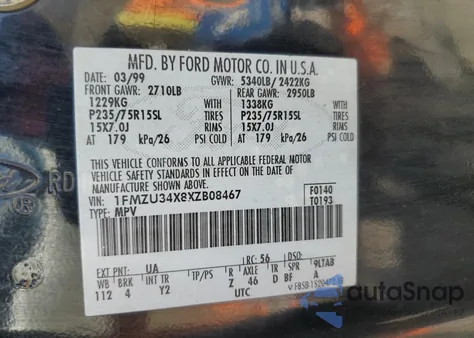 1999 Ford Explorer из США, поврежденный, VIN 1FMZU34X8XZB08467